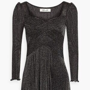 Diane von Furstenberg “Gael” Metallic Gold/Black Mesh Pleated Maxi Dress – Size